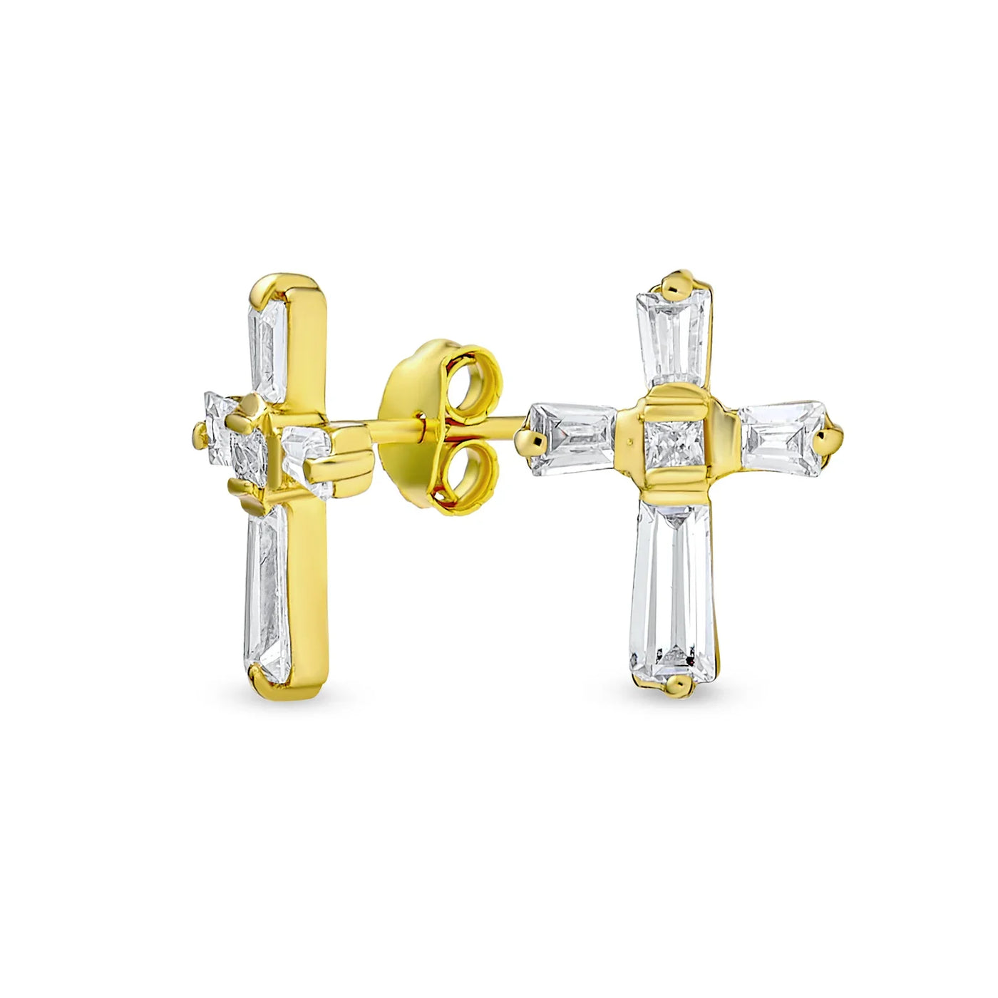 Accent CZ Baguette Small Cross Stud Earrings Yellow Gold Plated Sterling Silver - Bling Jewelry