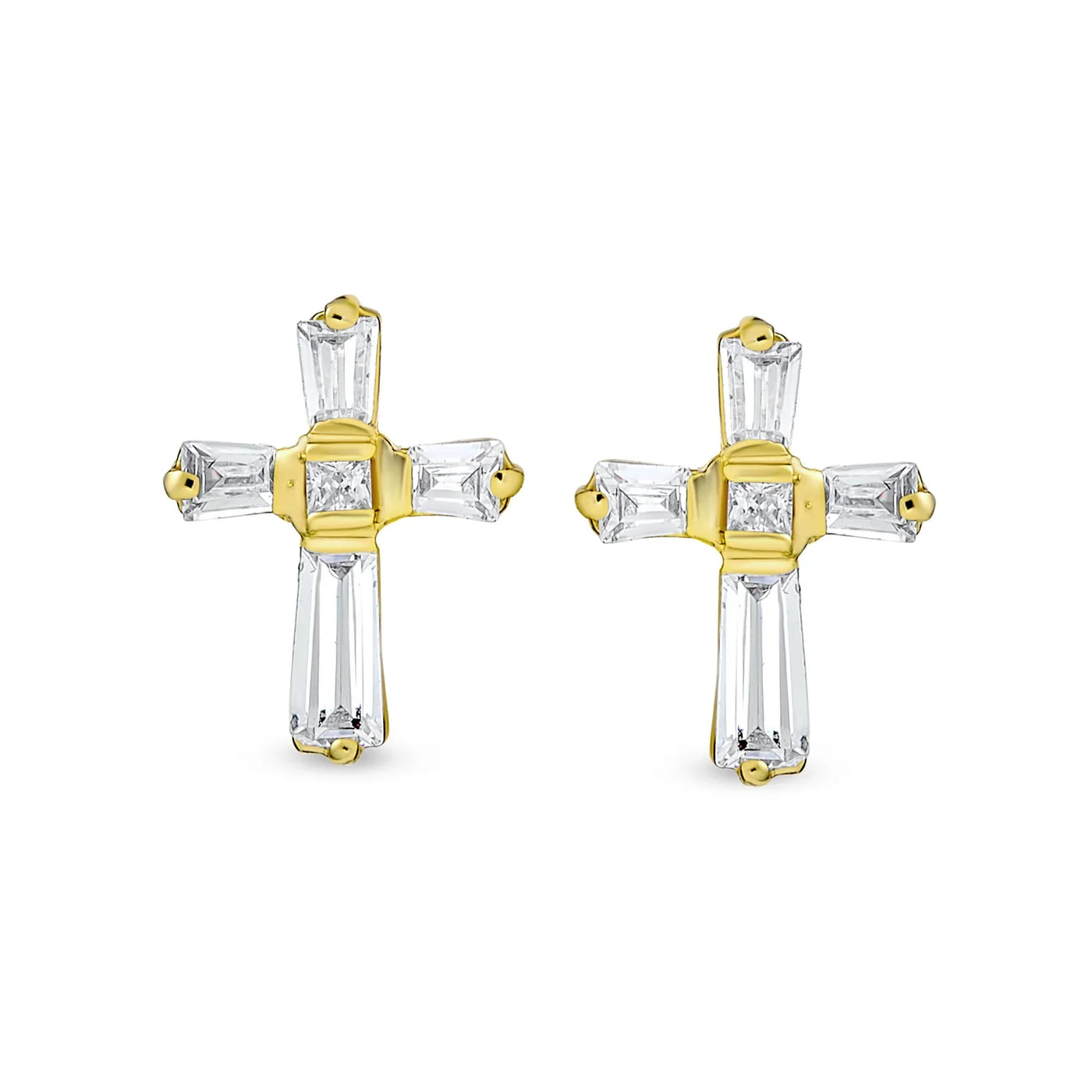 Accent CZ Baguette Small Cross Stud Earrings Yellow Gold Plated Sterling Silver - Bling Jewelry
