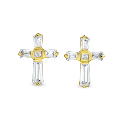 Accent CZ Baguette Small Cross Stud Earrings Yellow Gold Plated Sterling Silver - Bling Jewelry