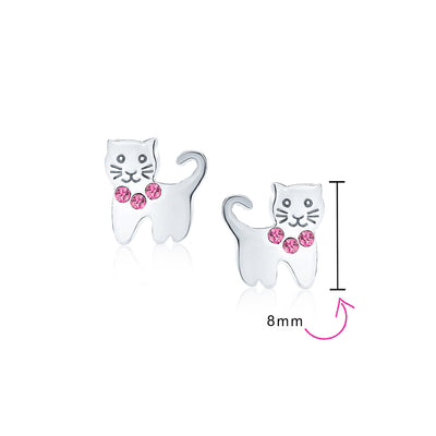 Set of 2 Mini Petite Blue Pink Crystal Cat Stud Earrings in Sterling Silver