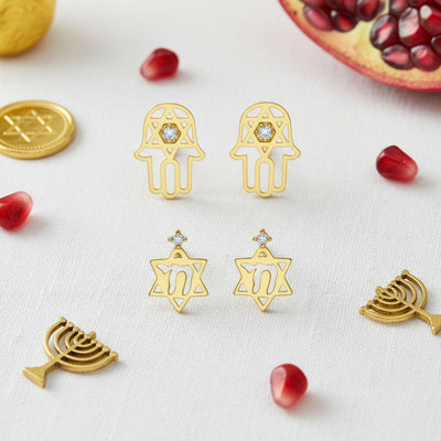 Set of 2 Tiny Judaic Jewelry CZ Stud Earrings 14K Gold Hamsa Star Of David