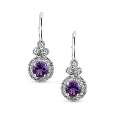 Classic Art Deco Gemstone Purple Amethyst Zircon Dangle Earrings Sterling Silver