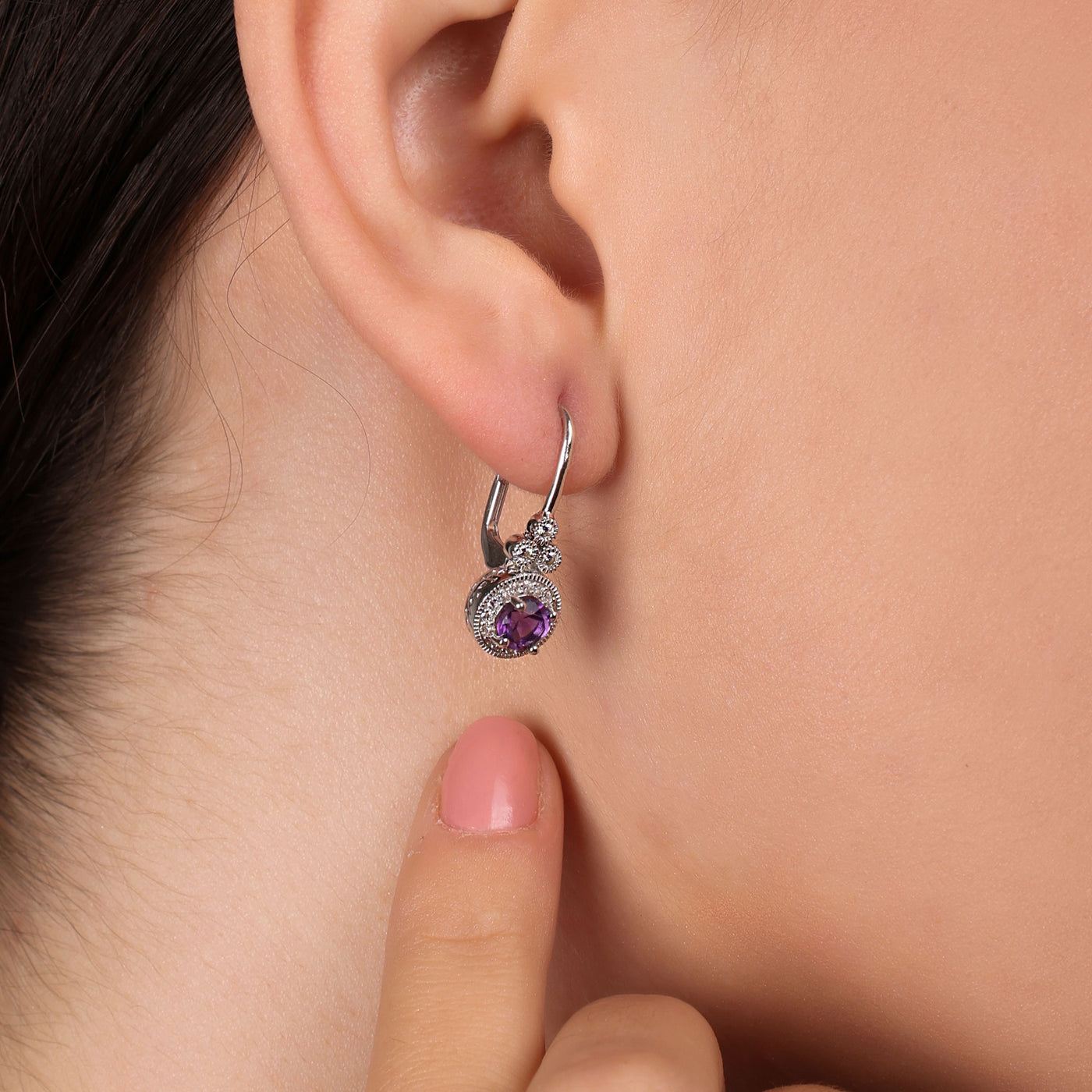 Classic Art Deco Gemstone Purple Amethyst Zircon Dangle Earrings Sterling Silver