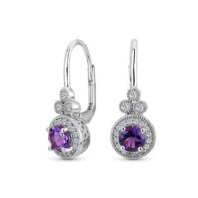 Classic Art Deco Gemstone Purple Amethyst Zircon Dangle Earrings Sterling Silver