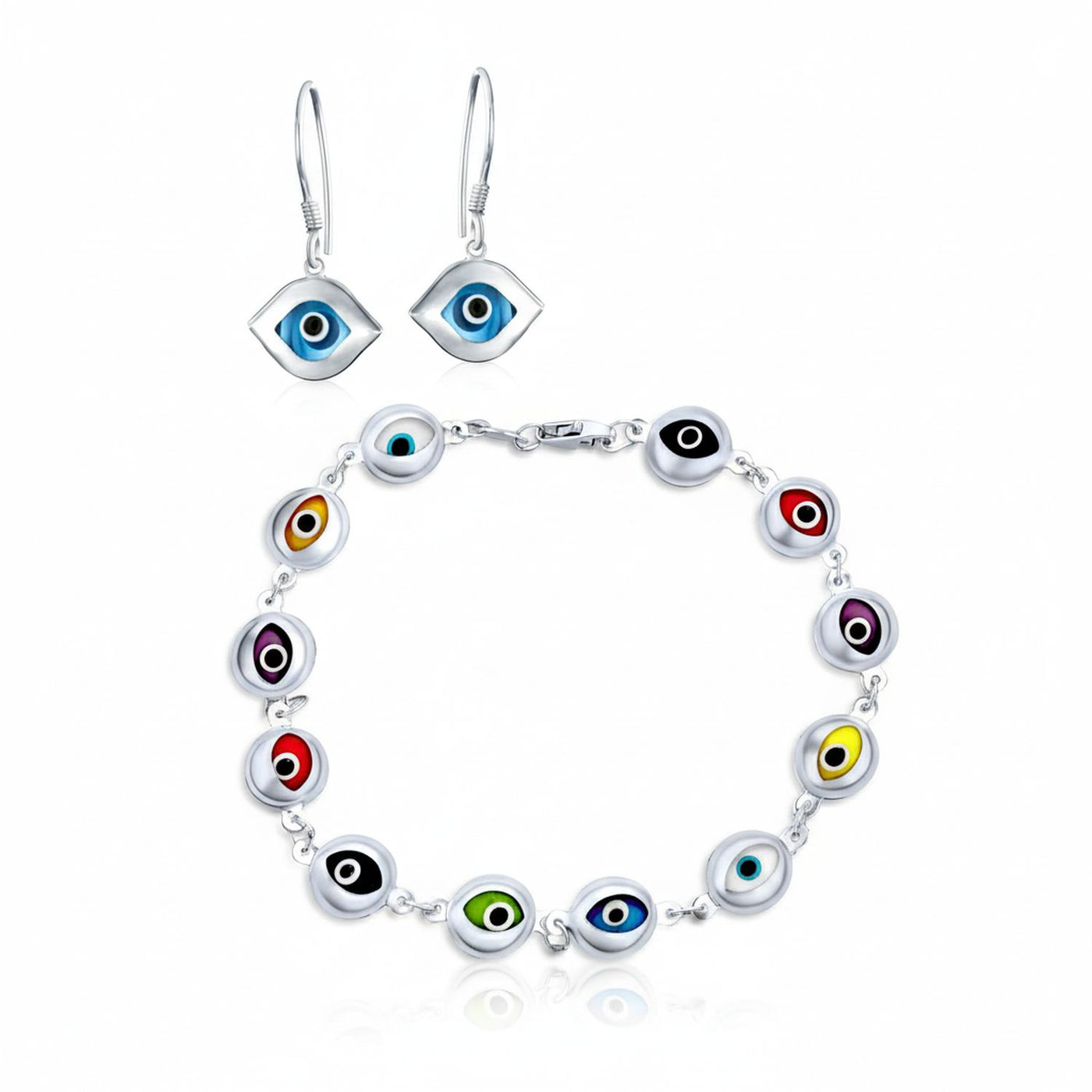 Multicolor Evil Eye Bracelet & Blue Nazar Dangle Earrings Set Sterling Silver