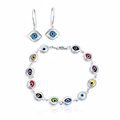 Multicolor Evil Eye Bracelet & Blue Nazar Dangle Earrings Set Sterling Silver