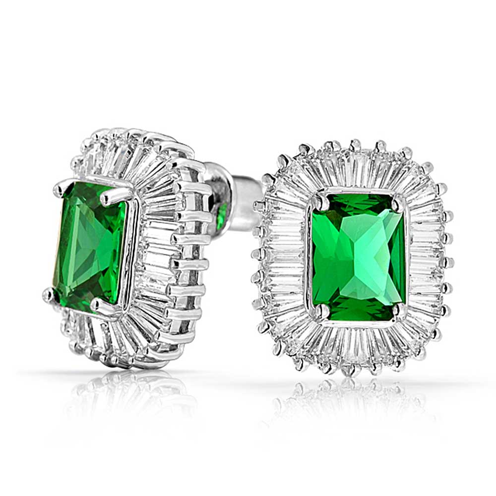 Art Deco Simulated Emerald Green CZ Pendant & Stud Earrings Jewelry Set