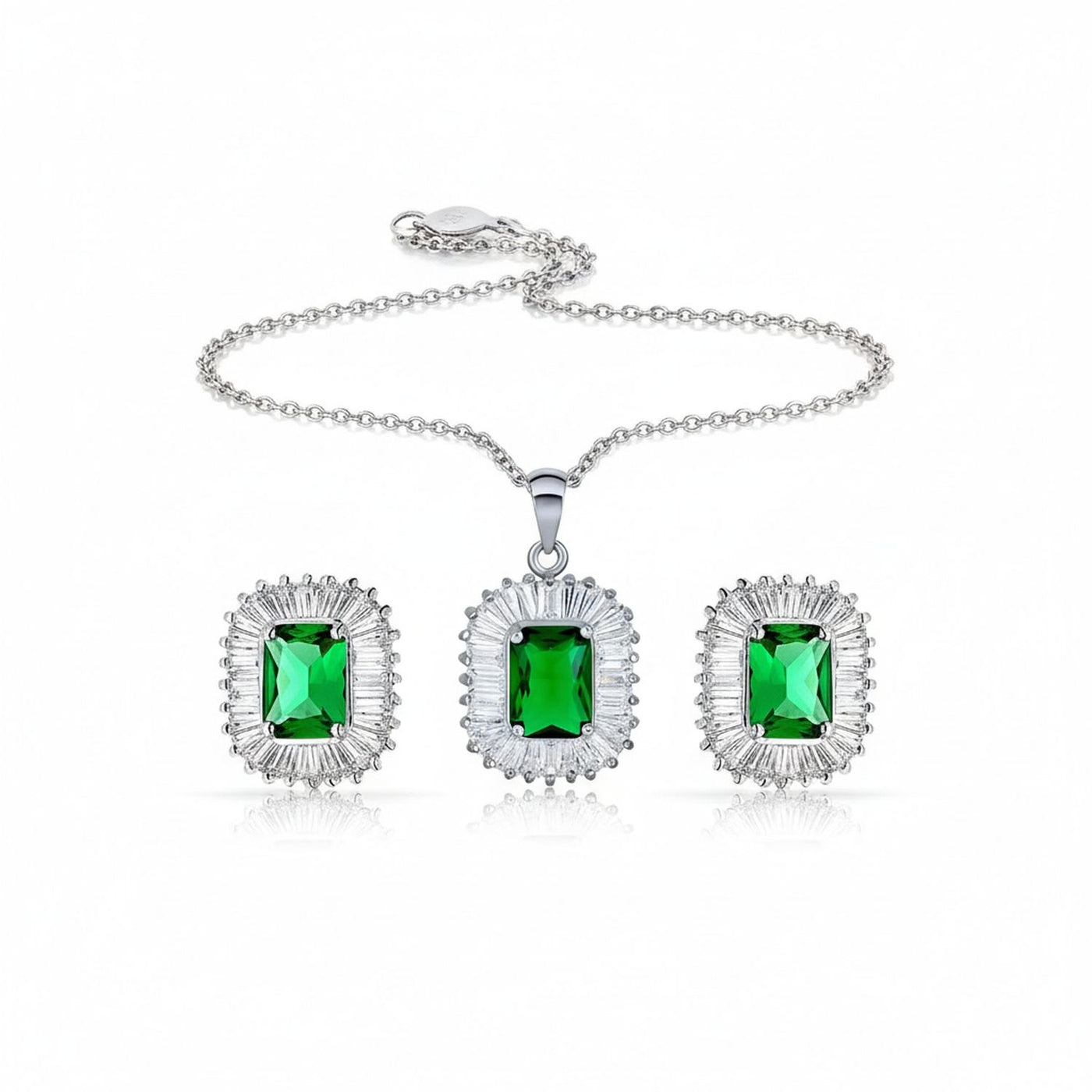 Art Deco Simulated Emerald Green CZ Pendant & Stud Earrings Jewelry Set