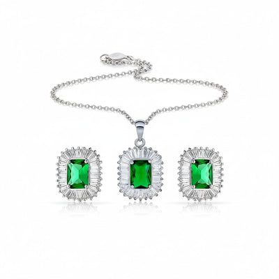 Art Deco Simulated Emerald Green CZ Pendant & Stud Earrings Jewelry Set