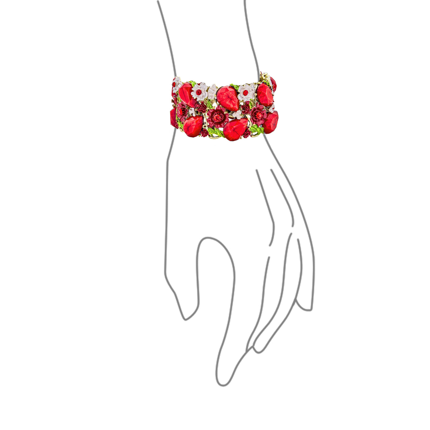 Wide Red Crystal Flower Statement Cuff Bracelet Flexible Gold Plated