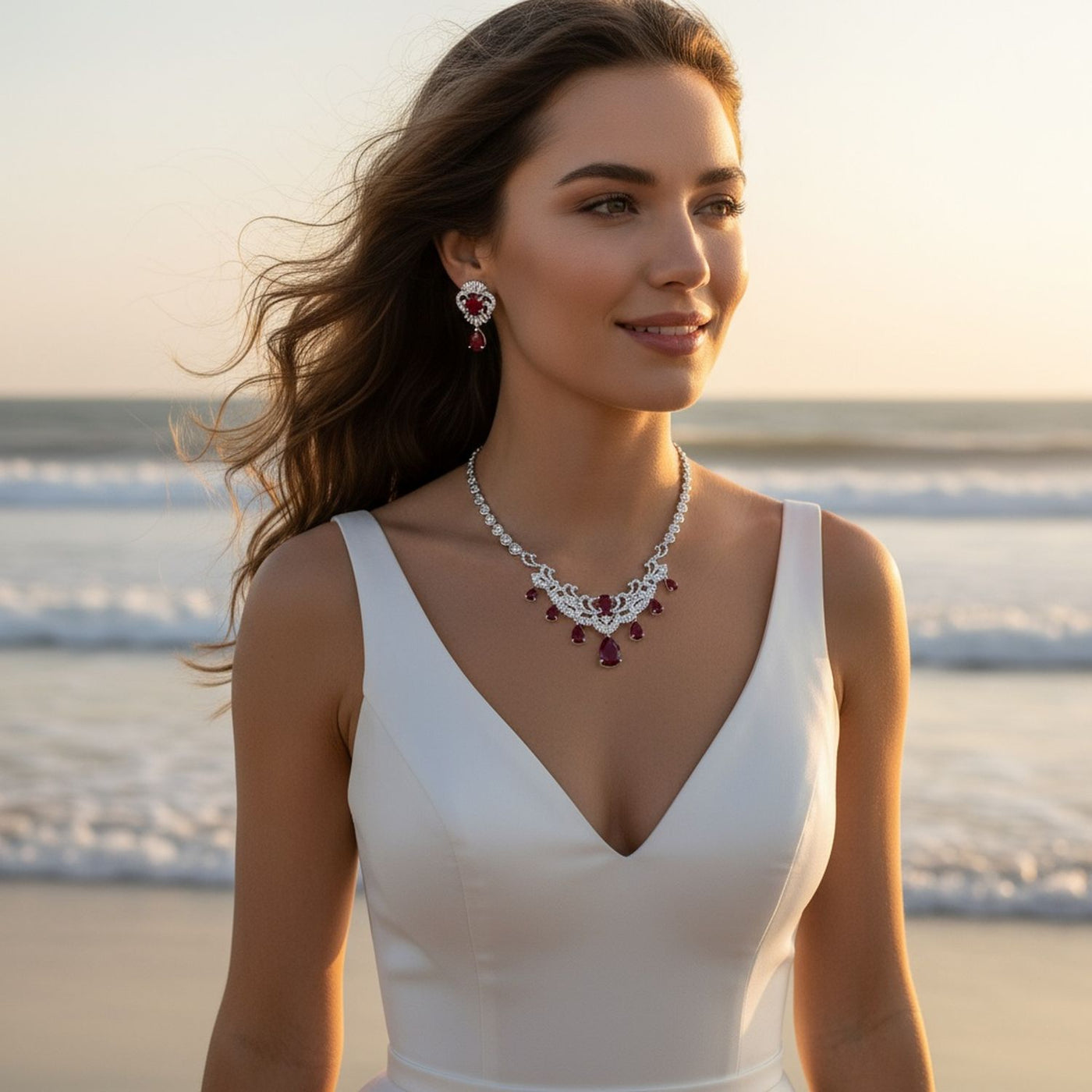 Vintage Art Deco Bridal Red CZ Bib Necklace & Teardrop Earrings Jewelry Set