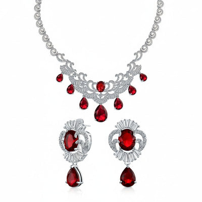 Vintage Art Deco Bridal Red CZ Bib Necklace & Teardrop Earrings Jewelry Set