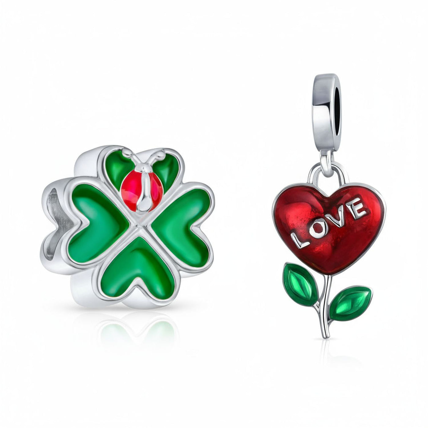 Set of 2 Flower Heart Dangle & Lady Bug Clover Charm Bead Enamel Sterling Silver