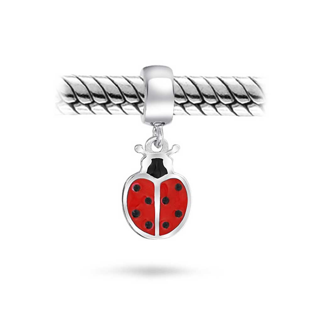 Set of 2 Insect Garden Ladybugs Red CZ Dangle Charm Bead Enamel Sterling Silver