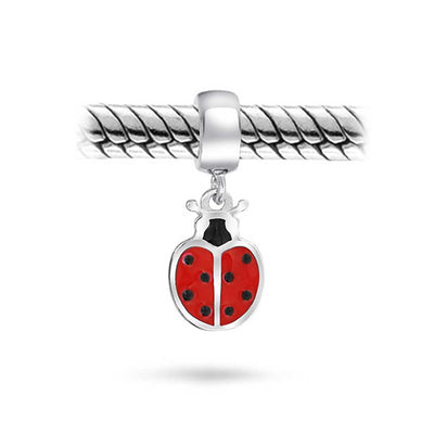 Set of 2 Insect Garden Ladybugs Red CZ Dangle Charm Bead Enamel Sterling Silver