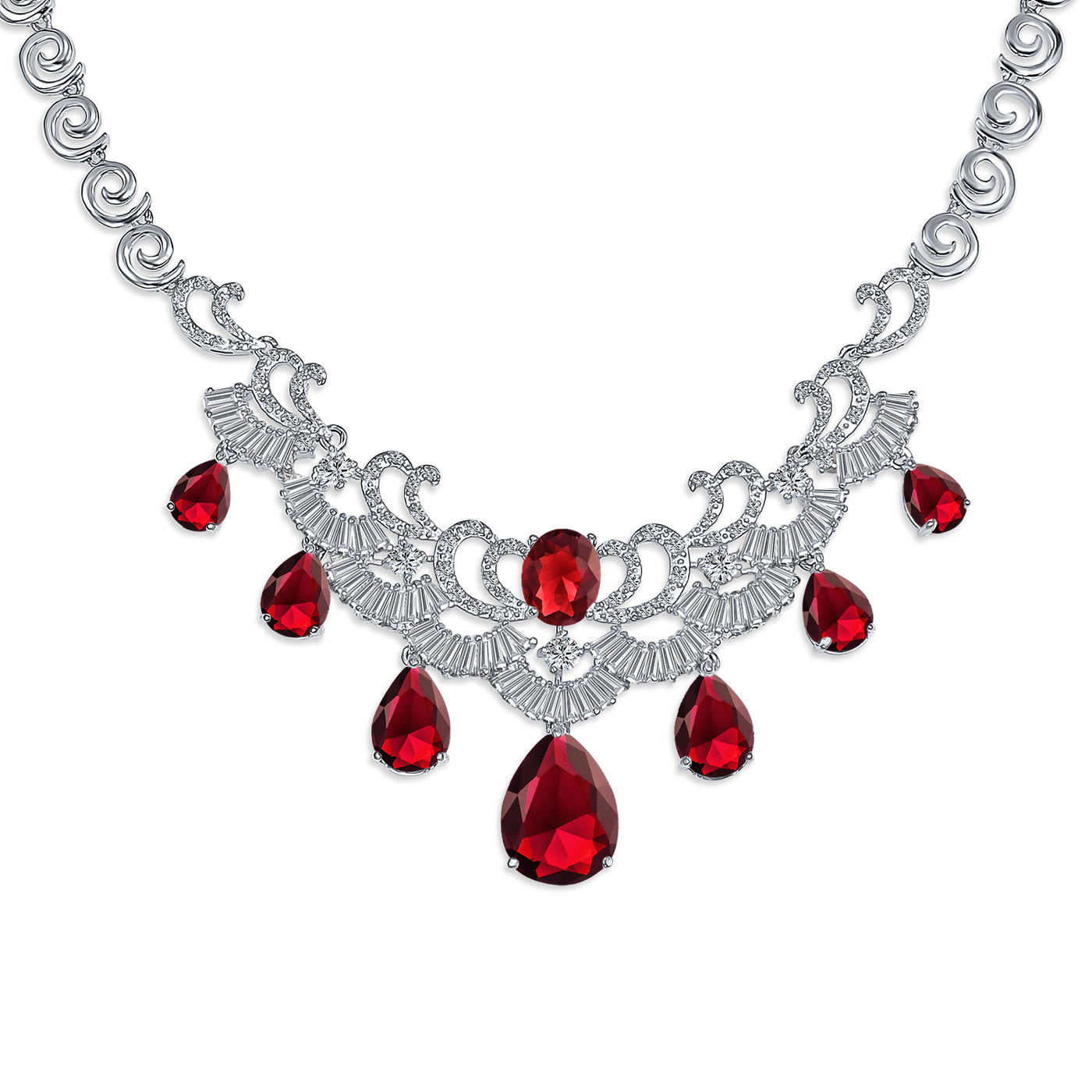 Vintage Art Deco Bridal Red CZ Bib Necklace & Teardrop Earrings Jewelry Set