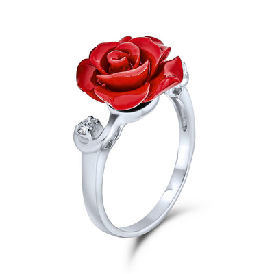 CZ Accent Flower Red carved Rose Statement Ring .925 Sterling Silver