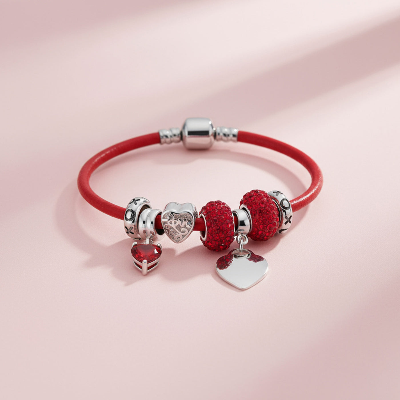 Heart Lover Couples Valentine Charm Bracelet with Red Leather & Silver Clasp