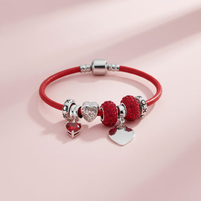 Heart Lover Couples Valentine Charm Bracelet with Red Leather & Silver Clasp