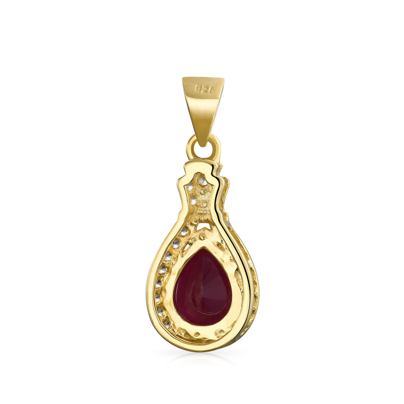 Pear Ruby Zircon Halo Pendant Necklace Yellow Gold Plated Silver