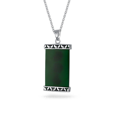 Set of 2 Good Fortune Fu Pendant Necklace Green Agate Rectangle & Jade Medallion