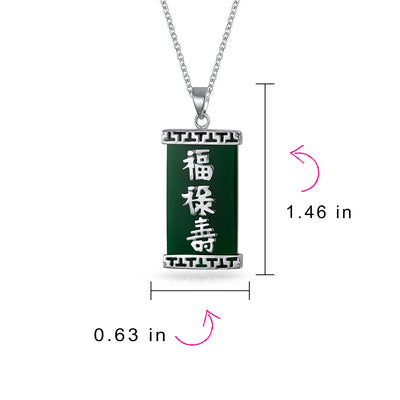 Set of 2 Good Fortune Fu Pendant Necklace Green Agate Rectangle & Jade Medallion