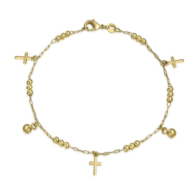 Multi Crosses Religious Beads Bells Dangle Charm Anklet Gold Plated