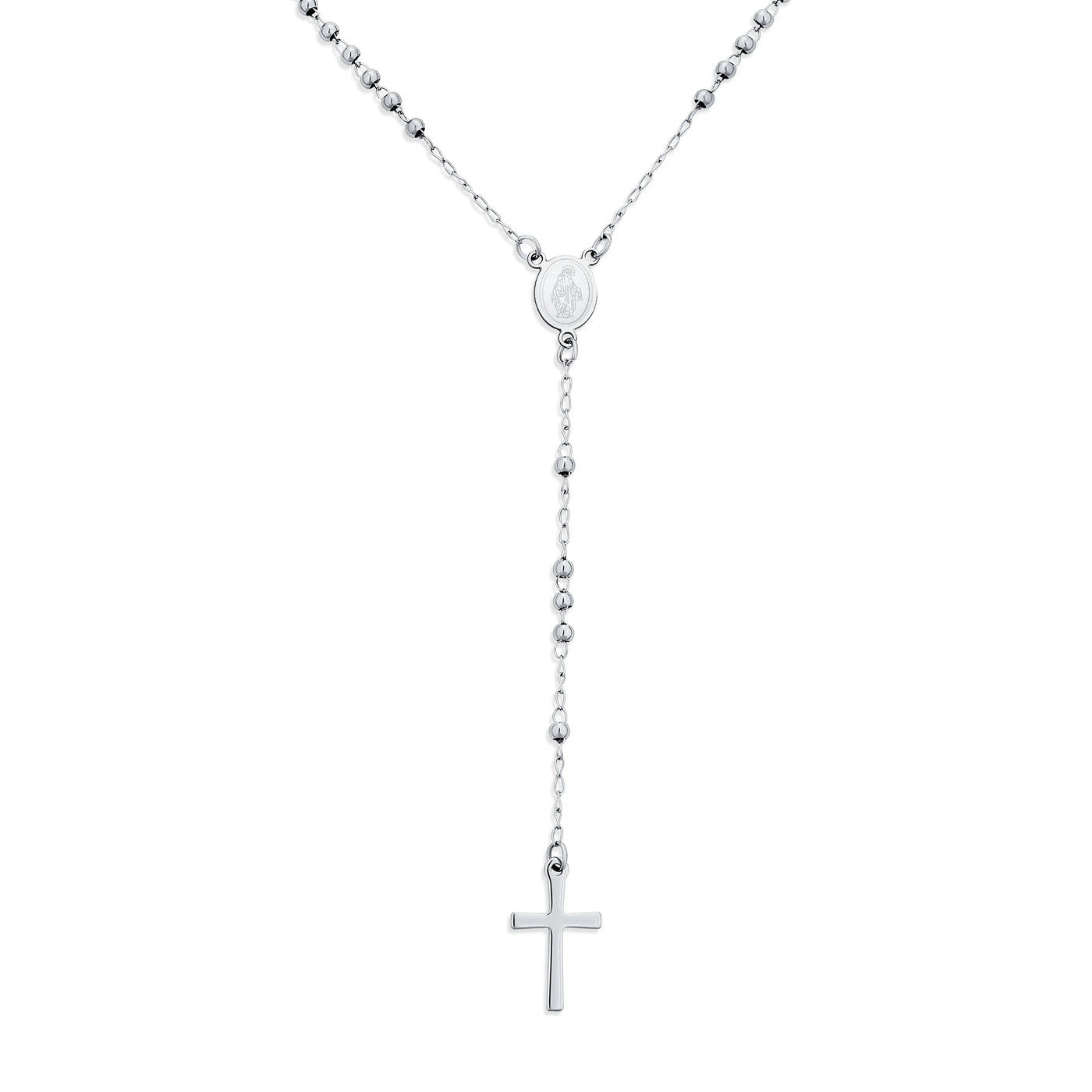 Religious Christian Virgin Mary and Cross Rosary Chain Drop Necklace Silver Tone - Bling Jewelry