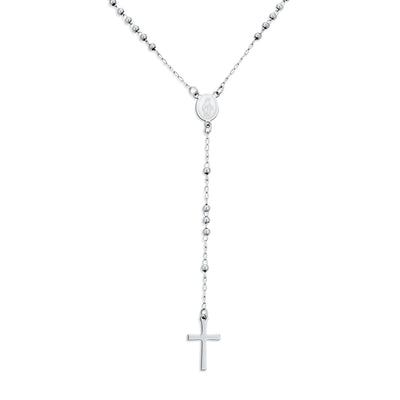 Religious Christian Virgin Mary and Cross Rosary Chain Drop Necklace Silver Tone - Bling Jewelry