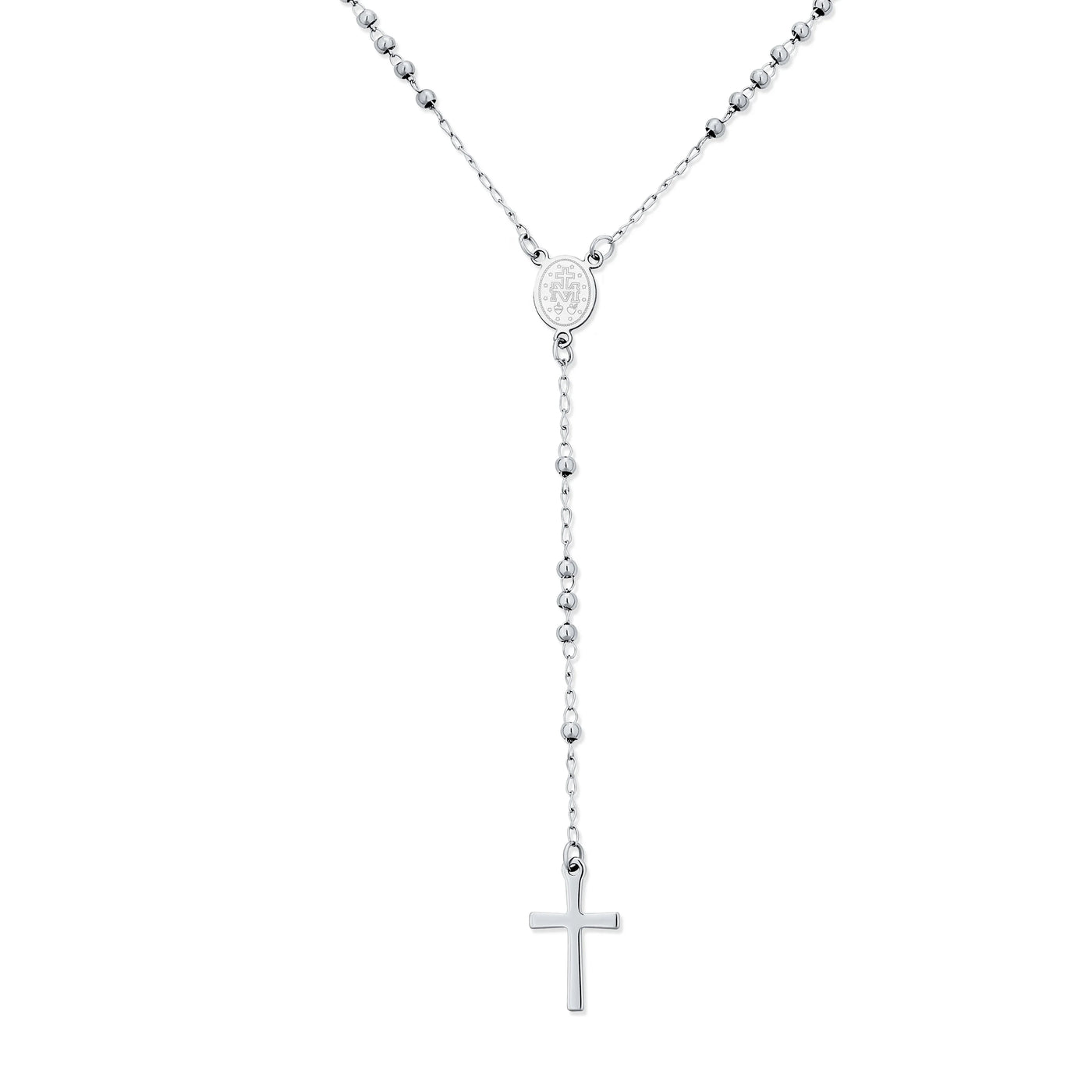 Religious Christian Virgin Mary and Cross Rosary Chain Drop Necklace Silver Tone - Bling Jewelry