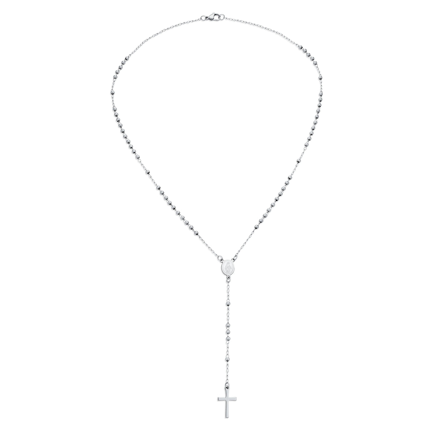 Religious Christian Virgin Mary and Cross Rosary Chain Drop Necklace Silver Tone - Bling Jewelry
