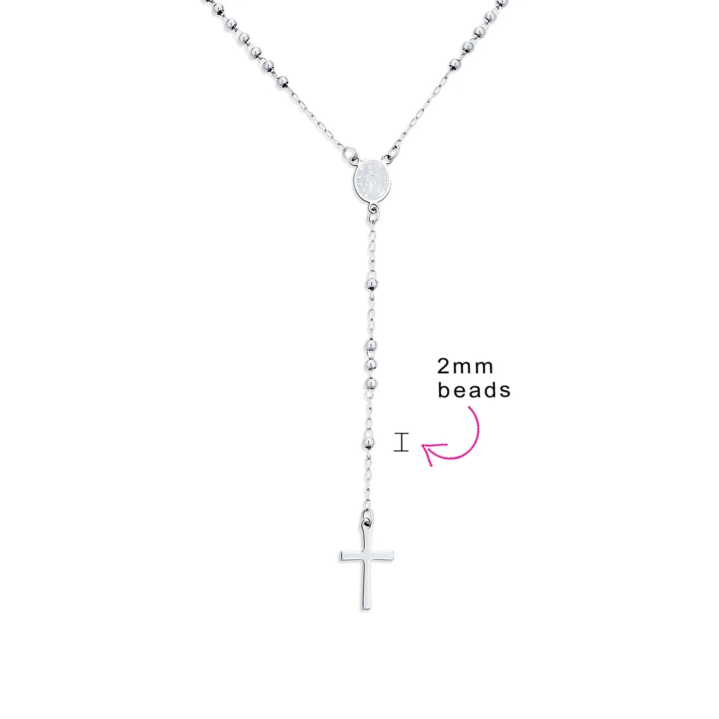 Religious Christian Virgin Mary and Cross Rosary Chain Drop Necklace Silver Tone - Bling Jewelry