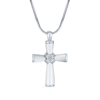 MOP Mother of Pearl Cross Pendant CZ Accent Silver Plated Necklace