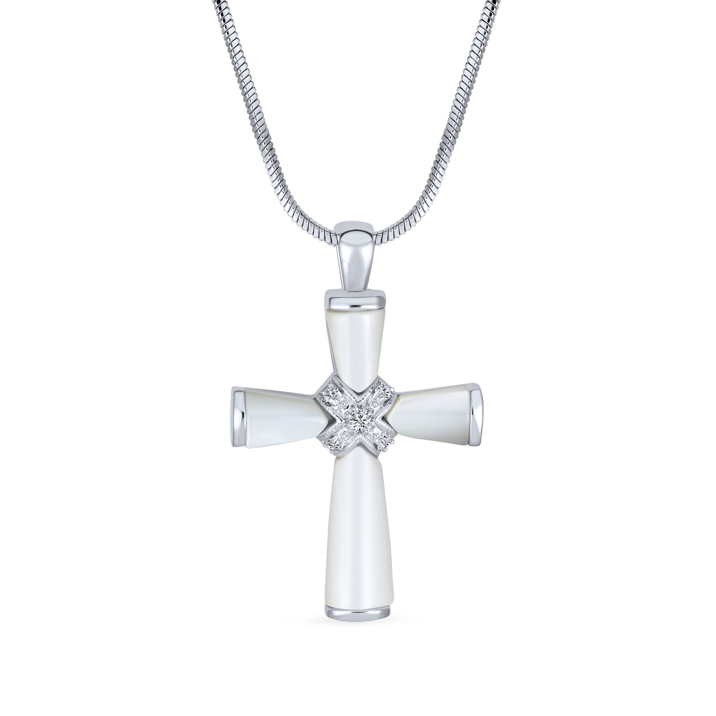 Religious Mother Of Pearl MOP Cross Pendant Necklace Silver Plated Snake Chain