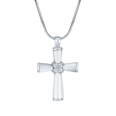 Religious Mother Of Pearl MOP Cross Pendant Necklace Silver Plated Snake Chain