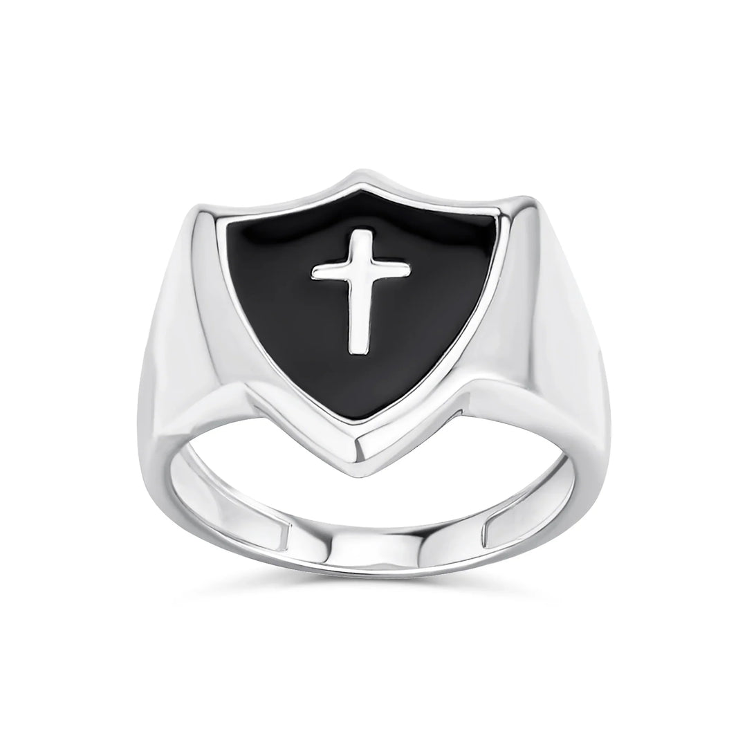 Mens Silver Ring with Black Onyx Inlay and Christian Shield Cross