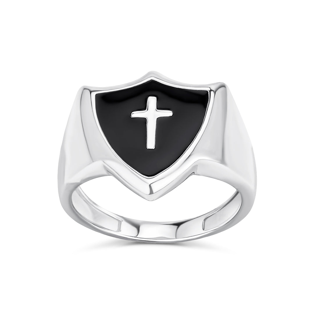 Mens Silver Ring with Black Onyx Inlay and Christian Shield Cross