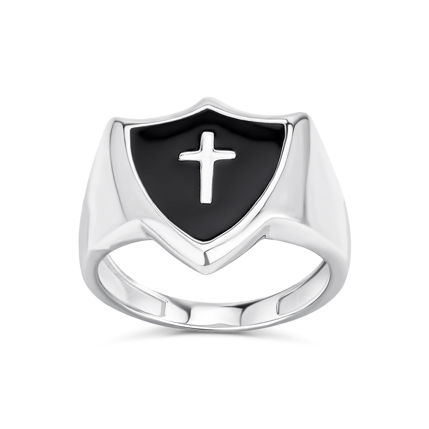 Unisex Christian Black Onyx Inlay Shield Cross Signet Ring Sterling Silver