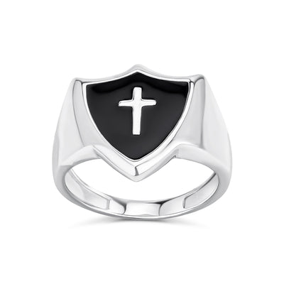 Unisex Christian Black Onyx Inlay Shield Cross Signet Ring Sterling Silver
