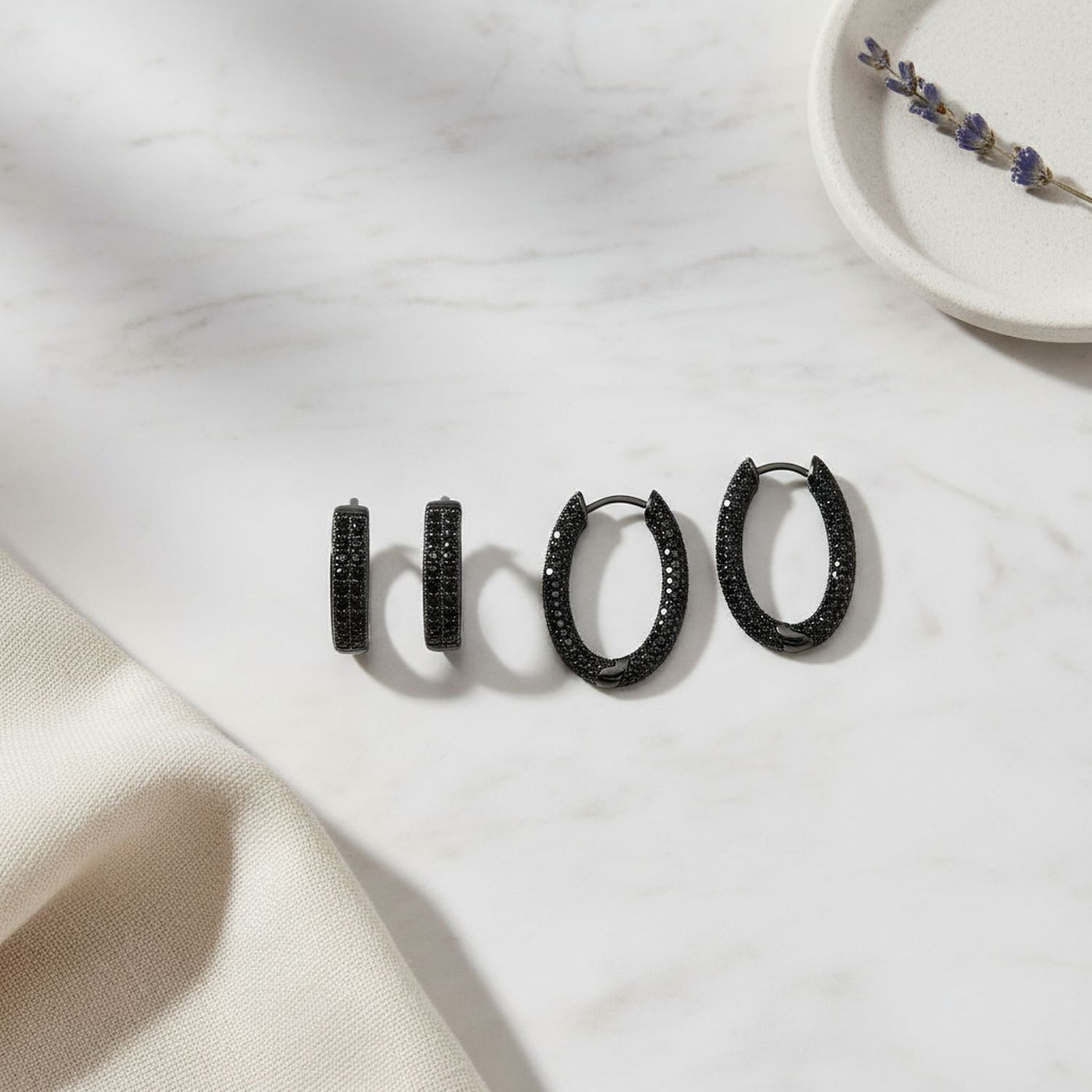 Set of 2 Black Pave CZ Round Inside Out & 2 Row Huggie Hoop Earrings