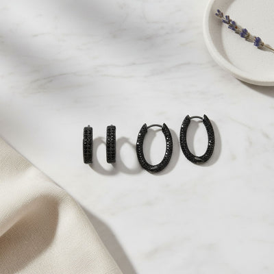 Set of 2 Black Pave CZ Round Inside Out & 2 Row Huggie Hoop Earrings