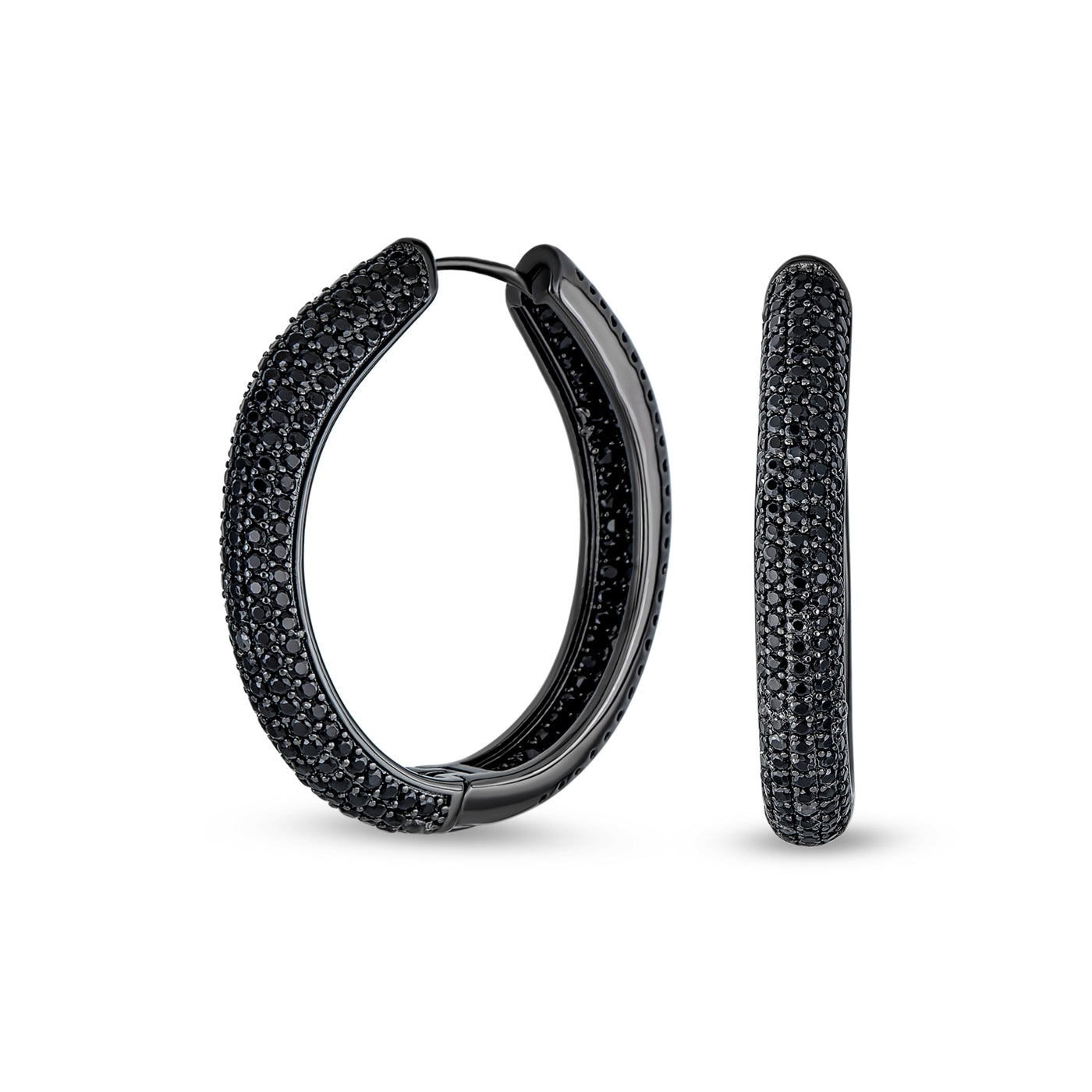 Set of 2 Black Pave CZ Round Inside Out & 2 Row Huggie Hoop Earrings