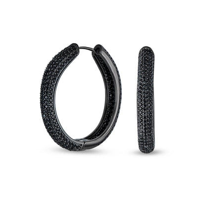 Set of 2 Black Pave CZ Round Inside Out & 2 Row Huggie Hoop Earrings