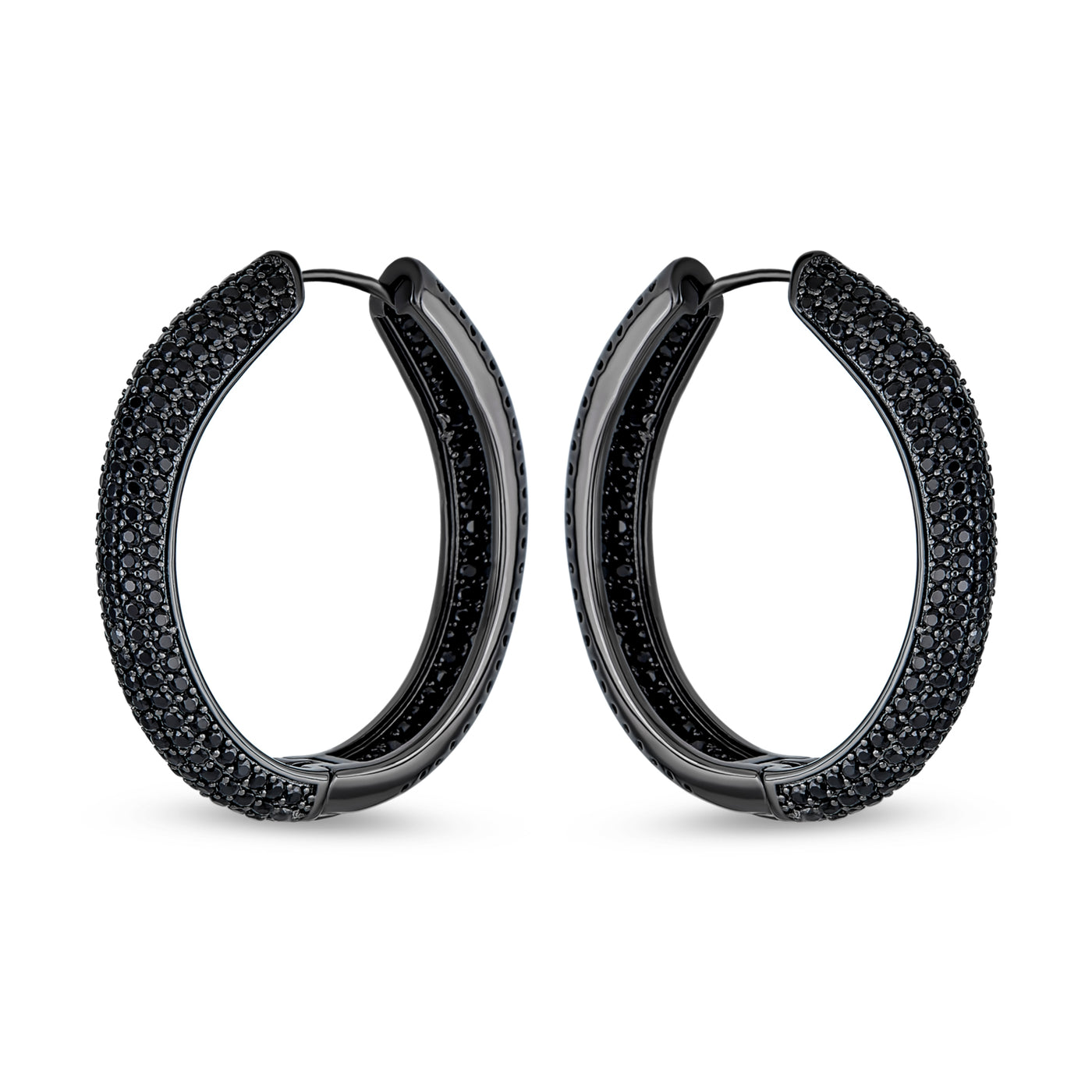Set of 2 Black Pave CZ Round Inside Out & 2 Row Huggie Hoop Earrings