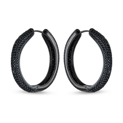 Set of 2 Black Pave CZ Round Inside Out & 2 Row Huggie Hoop Earrings