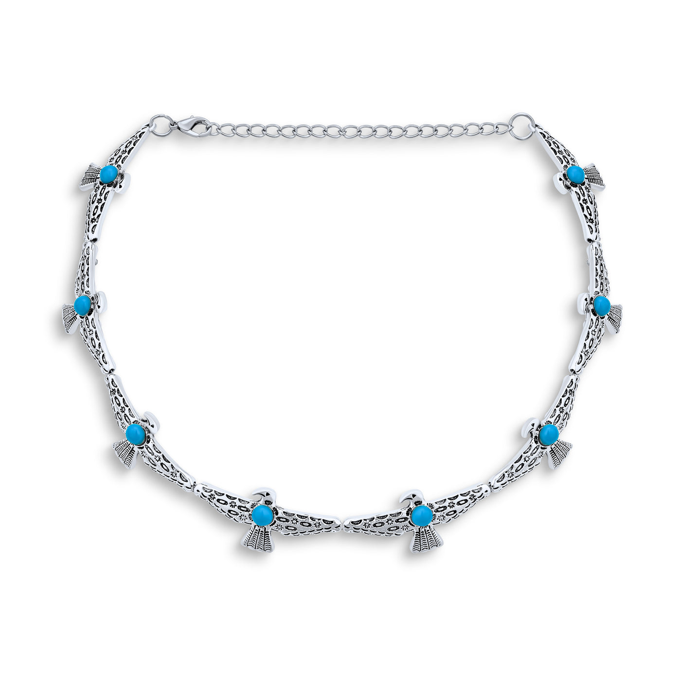 South Western Boho Turquoise Gemstone Eagle Choker & Hoop Earrings Jewelry Set