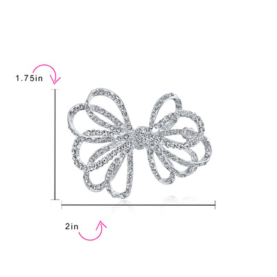 Set of 2 Large Bridal Holiday Crystal Wedding Bow Brooch Pin Silver Gold Plated