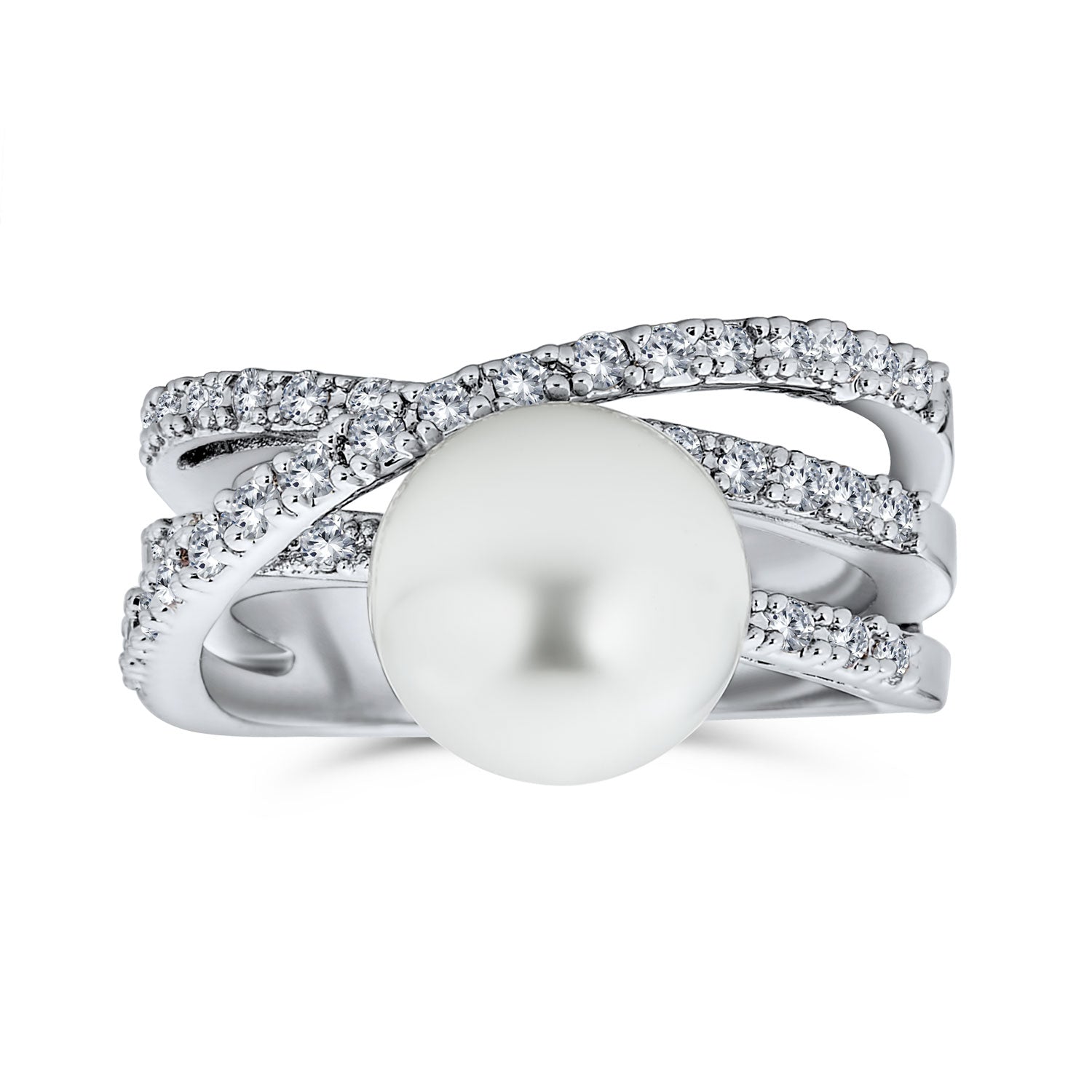 Criss Cross Pave CZ Solitaire White Imitation Pearl Statement Ring ...