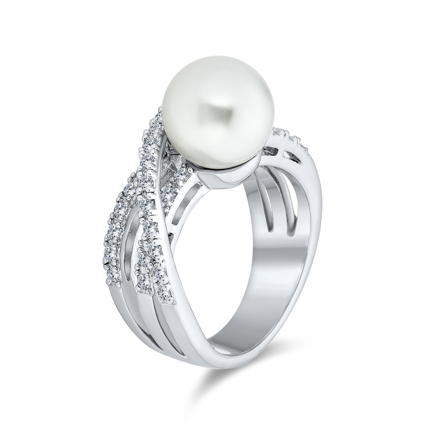 Criss Cross Pave CZ Solitaire White Imitation Pearl Statement Ring