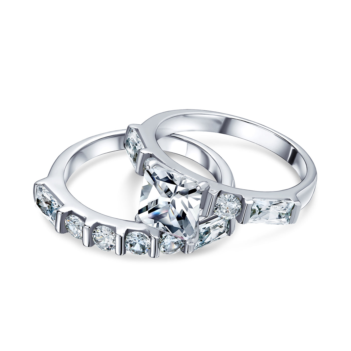 2CT Princess Cut CZ Wedding Ring Set with Baguette Side Stones Sterling Silver